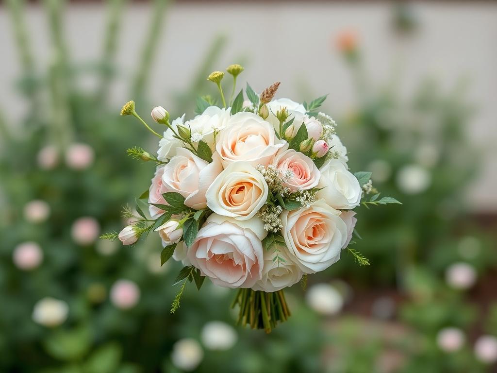 A stunning wedding bouquet featuring a mix of elegant flowers like roses, peonies, and greenery. The bouquet is arranged in a natural, flowing style, with soft, romantic colors. The background is a simple, blurred garden setting that emphasizes the bouquet's beauty, with a focus on the intricate details of the flowers and foliage.