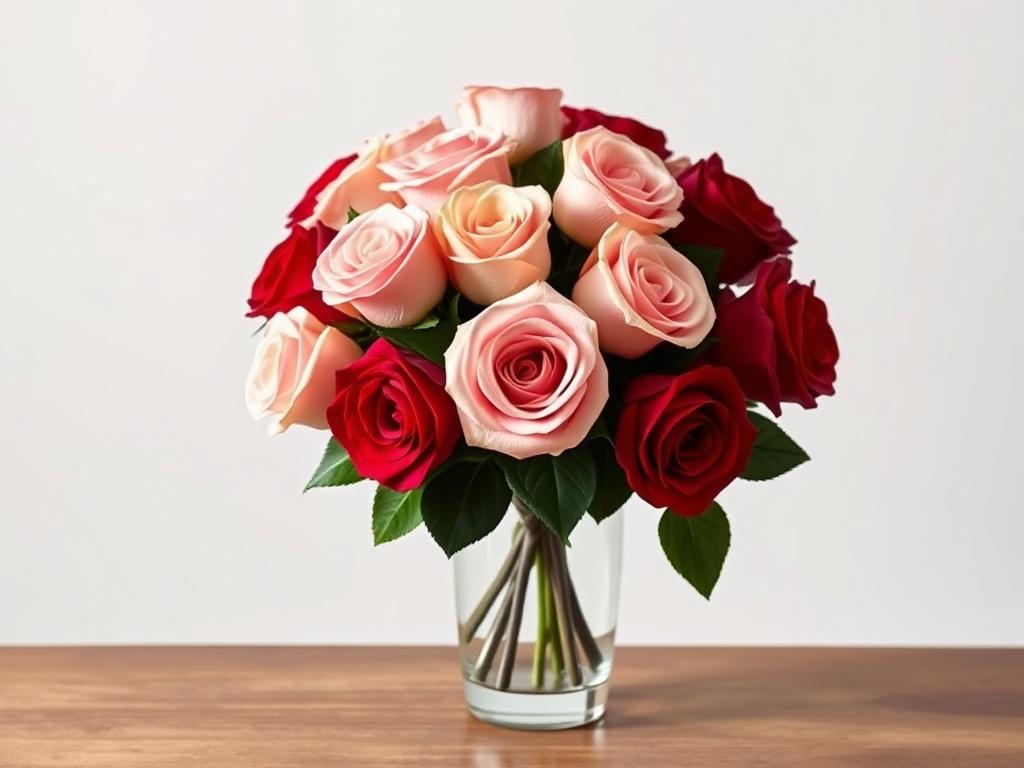 A high-resolution image of an elegant rose bouquet, showcasing a variety of premium roses in rich colors, artistically arranged in a modern vase. The composition should focus solely on the bouquet, with a clean and minimalistic background that emphasizes the beauty of the roses. The colors should be vibrant yet harmonious, capturing the essence of luxury and sophistication.