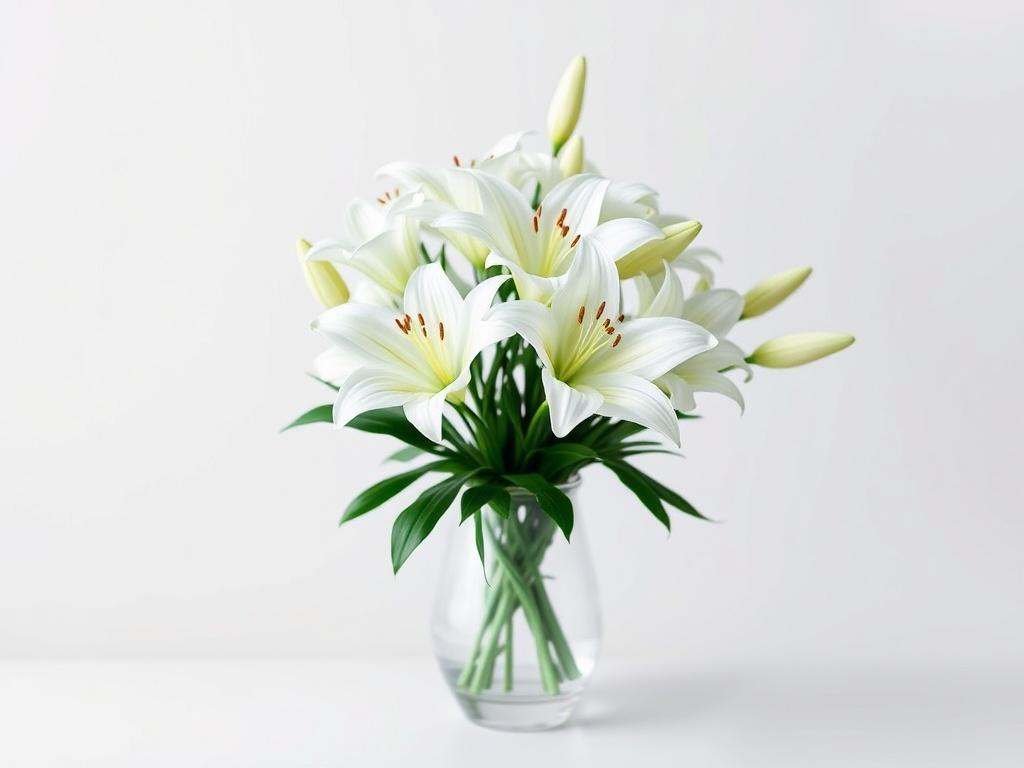 A high-resolution image of a classic white lily bouquet, showcasing fresh white lilies arranged beautifully in a stylish vase. The focus should be on the lilies' elegant petals and form, with a clean, minimalistic background that enhances the bouquet's sophistication and purity.