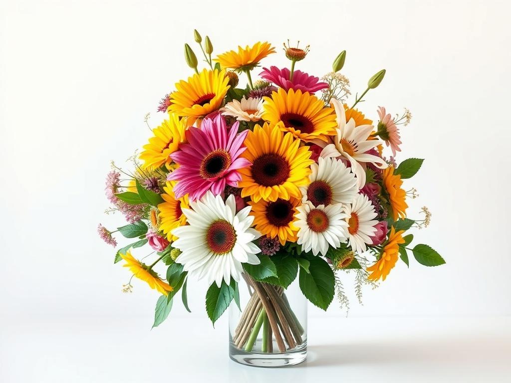 A high-resolution image of a vibrant mixed floral arrangement, featuring seasonal flowers such as sunflowers, lilies, and daisies. The bouquet should be artistically arranged in a modern vase, with a focus on the bright colors and textures of the flowers. The background should be minimalistic to highlight the beauty and vibrancy of the arrangement.