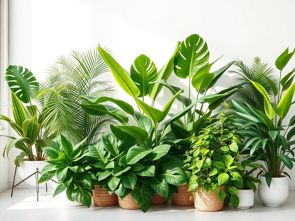 A vibrant display of various live plants arranged artistically in a bright and airy space. The plants should include tropical varieties like ferns and monstera, showcasing their lush green leaves. The background should be simple, with white walls and natural light pouring in, creating an inviting environment. The composition should focus on the diversity of the plants, emphasizing their beauty and the freshness they bring to any space.