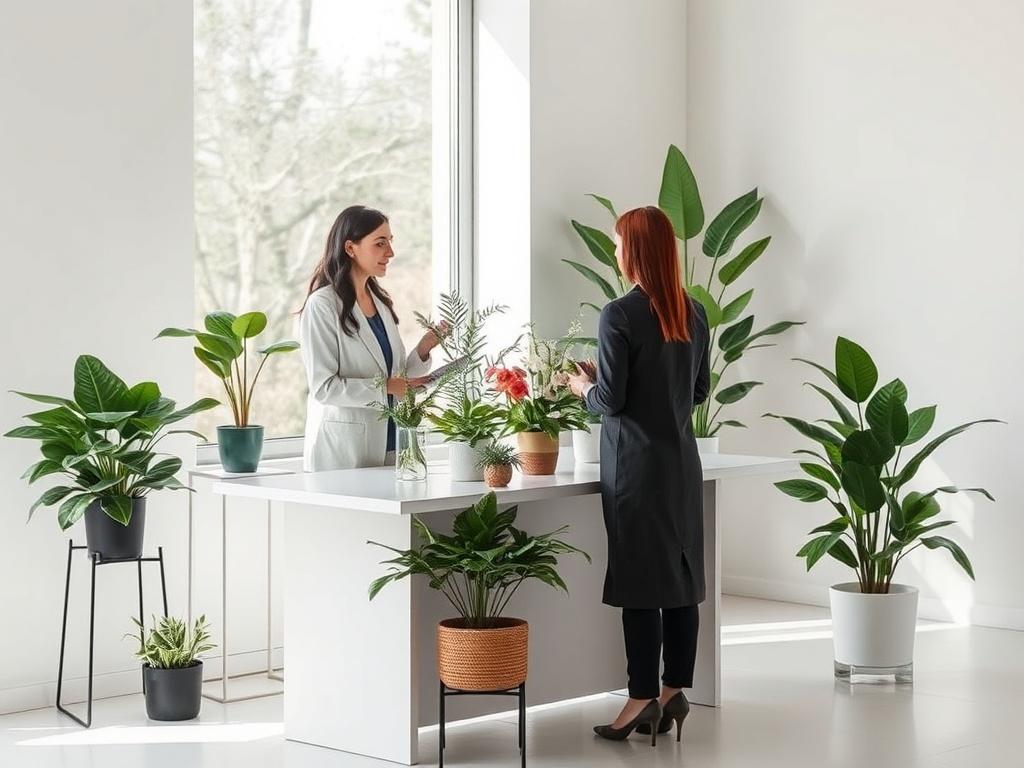 A professional setting showcasing a consultation session about artificial plants. The scene includes a knowledgeable florist discussing options with a client, surrounded by beautiful artificial plants. The setting should be modern and elegant, with a clean desk and minimalistic decor. The focus should be on the interaction between the florist and the client, highlighting the expertise and personalized service offered. Natural light should fill the room, creating a welcoming atmosphere.