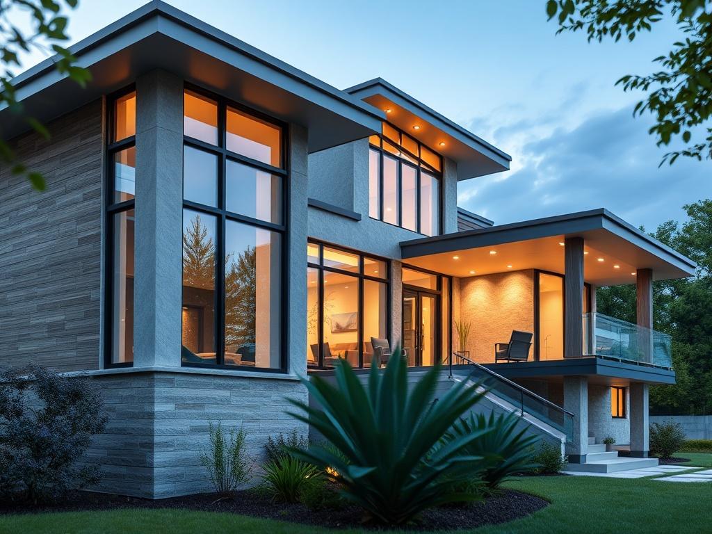 A hyper-realistic close-up shot of a beautifully designed modern home exterior, showcasing unique architectural features like large windows, a spacious porch, and a sleek roofline. The image should focus on the textures of the building materials, with lush greenery in the background to emphasize the home's integration with nature. The lighting should highlight the structure, creating a warm, inviting atmosphere, captured with a 45mm f/1.2 lens.