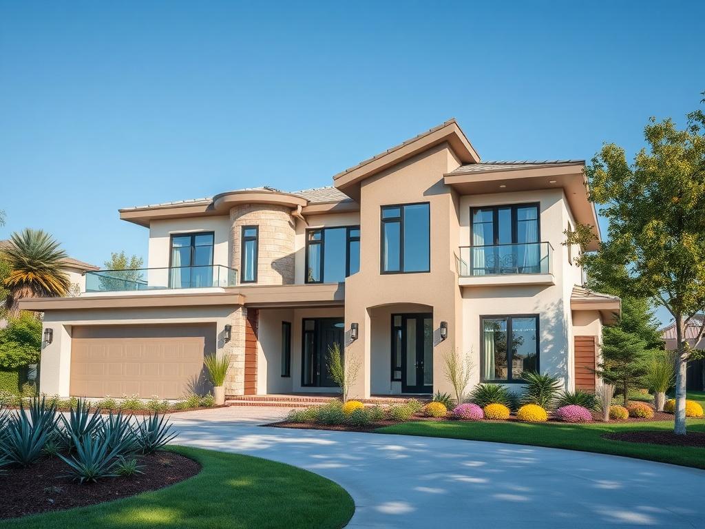 A beautifully designed modern home exterior, showcasing unique architectural features, surrounded by landscaped greenery. The composition should focus on the house as the main subject, with a clear blue sky in the background. The image should be high-resolution and captured with a 45mm f/1.2 lens for a realistic close-up effect.