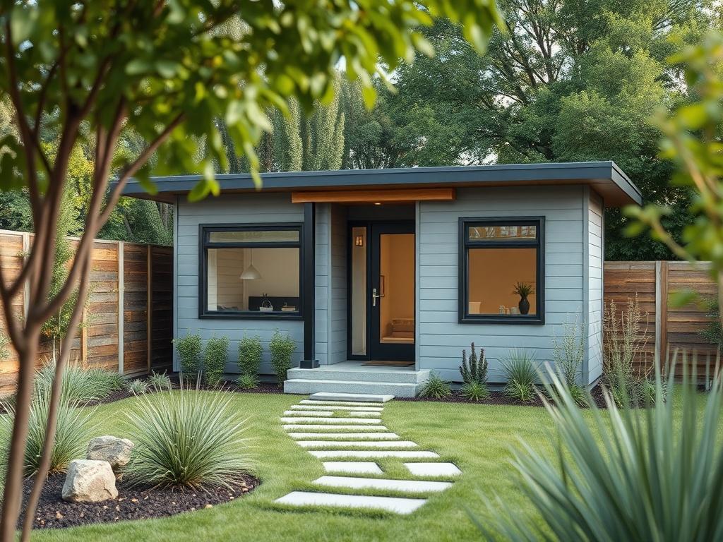 A stylish accessory dwelling unit in a backyard setting, showcasing modern architecture and landscaping. The composition should center on the ADU, emphasizing its integration with the yard. High-resolution image captured with a 45mm f/1.2 lens for a realistic effect.
