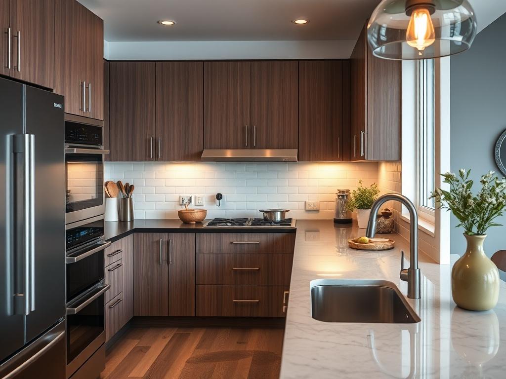 An elegant kitchen remodel featuring modern appliances and stylish cabinetry, showcasing an inviting atmosphere. The image should focus on the kitchen as the main subject, with warm lighting and a clean, modern design. High-resolution capture with a 45mm f/1.2 lens for a detailed close-up.