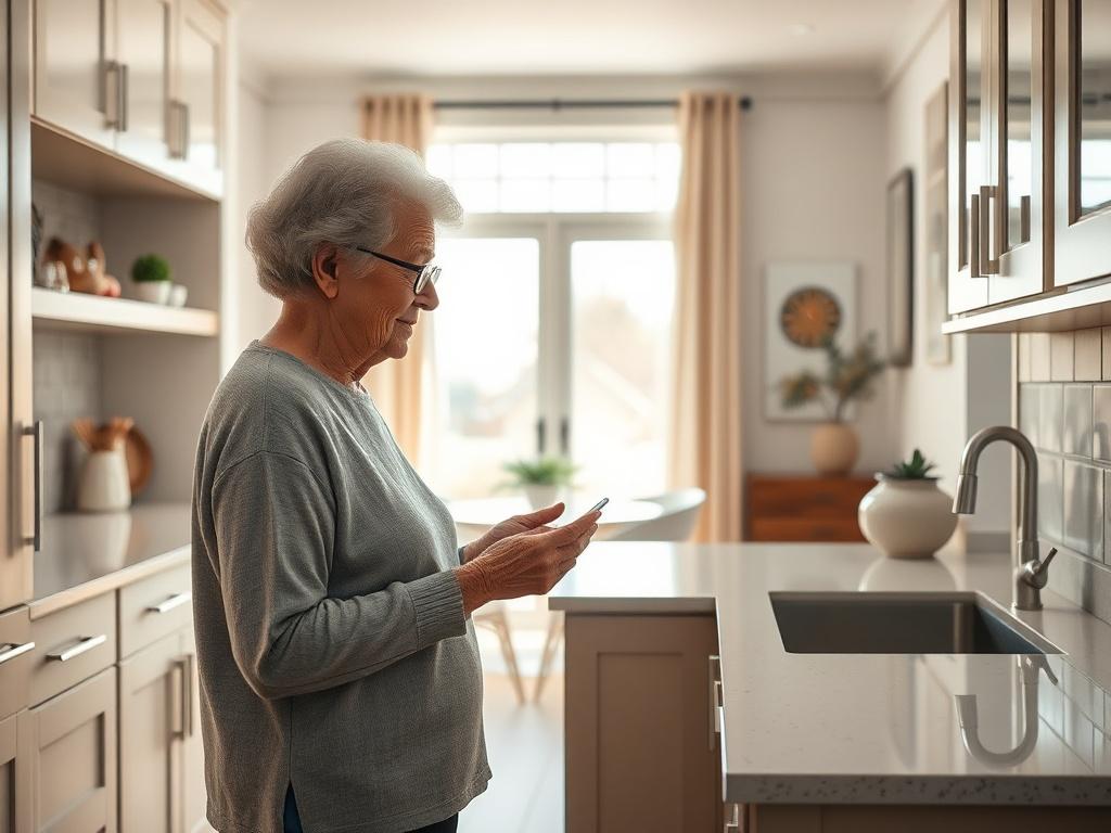 **AI Image Generator Prompt:**

Create a highly realistic, high-resolution photo that captures the essence of aging in place within a home. The focus should be on a beautifully designed accessible kitchen that incorporates universal design principles. Center the composition around a single elderly woman confidently using her kitchen, showcasing her independence. She should be engaging with smart home technology, perhaps adjusting the lighting or accessing a cabinet with ease.

The kitchen should feature amp