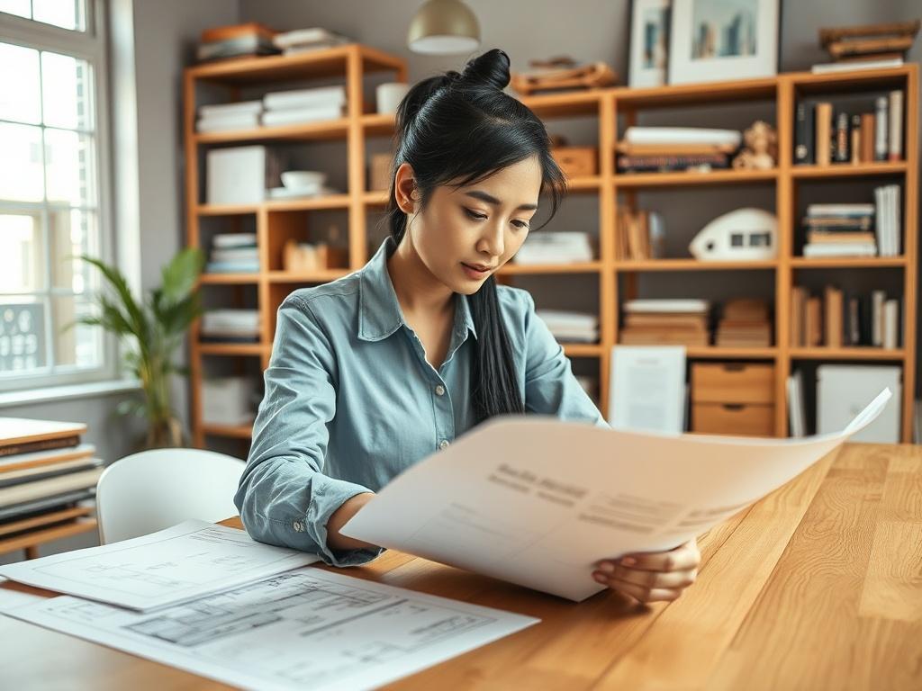 **AI Image Generation Prompt:**

Create a realistic, high-resolution photo featuring a professional architect at work in a well-lit office environment. The architect, a South Asian woman with long black hair tied in a neat bun, is examining a set of architectural plans spread out on a wooden desk. Her expression is focused and determined, reflecting her role in helping clients navigate the complexities of city violation notices related to unpermitted commercial tenant improvement work. 

In the background, 