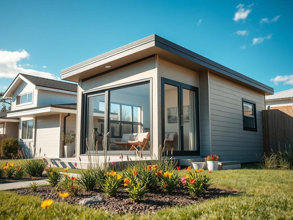 Create a realistic high-resolution photo focusing on an aesthetically pleasing accessory dwelling unit (ADU) set in a serene outdoor environment. The composition should feature the ADU prominently in the center, showcasing its modern architectural design, with large windows allowing natural light to flood the interior. The structure should have clean lines, a neutral color palette, and a minimalistic style that highlights functionality and elegance.

In the foreground, include a small, well-maintained garde