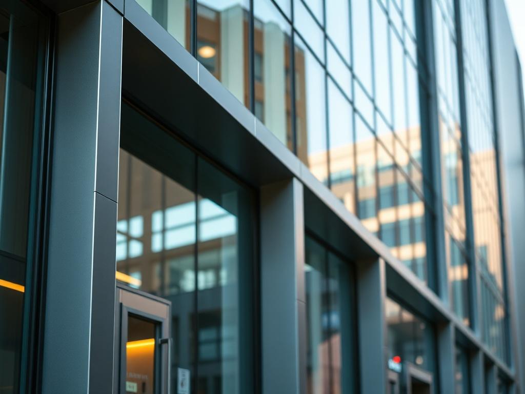 A hyper-realistic close-up shot of a modern commercial building facade, showcasing sleek lines and contemporary design elements. The image should capture the intricate details of the architecture, with a focus on large glass windows reflecting the surroundings. The background should be unobtrusive yet suggest a vibrant business environment. The composition should be simple and clear, highlighting the building as the sole subject, shot with a 45mm f/1.2 lens style.