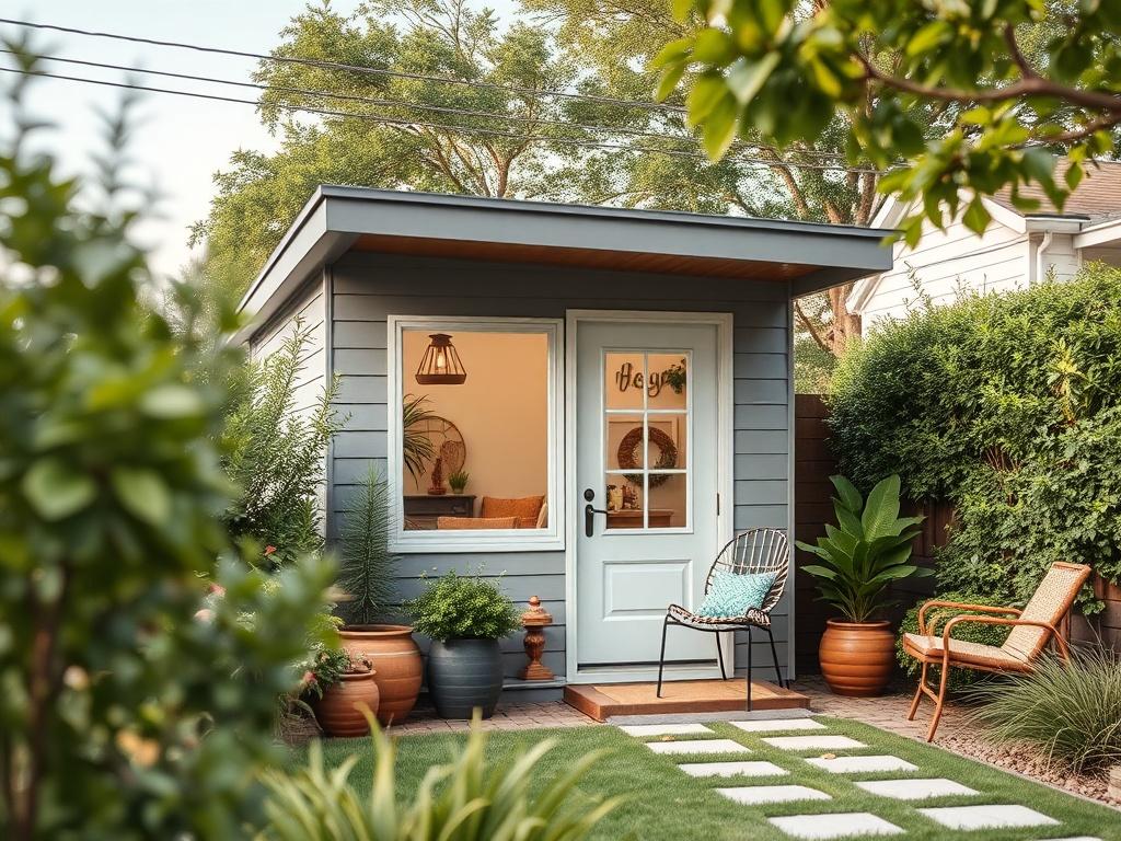 A charming accessory dwelling unit in a backyard setting, designed with a modern aesthetic and lush landscaping. The image should feature a cozy entrance and inviting outdoor space, illustrating its functionality as a guest retreat or rental unit. The design should reflect harmony with the primary residence while showcasing its unique characteristics.