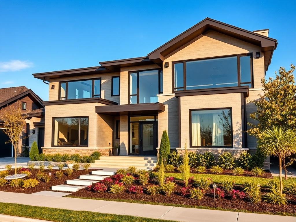 A beautifully designed modern home exterior, showcasing large windows and a unique architectural style, surrounded by a well-manicured garden. The image should capture the essence of a new residence, with a clear blue sky in the background, emphasizing the inviting atmosphere. The focus should be on the home's structure, highlighting its innovative design features.