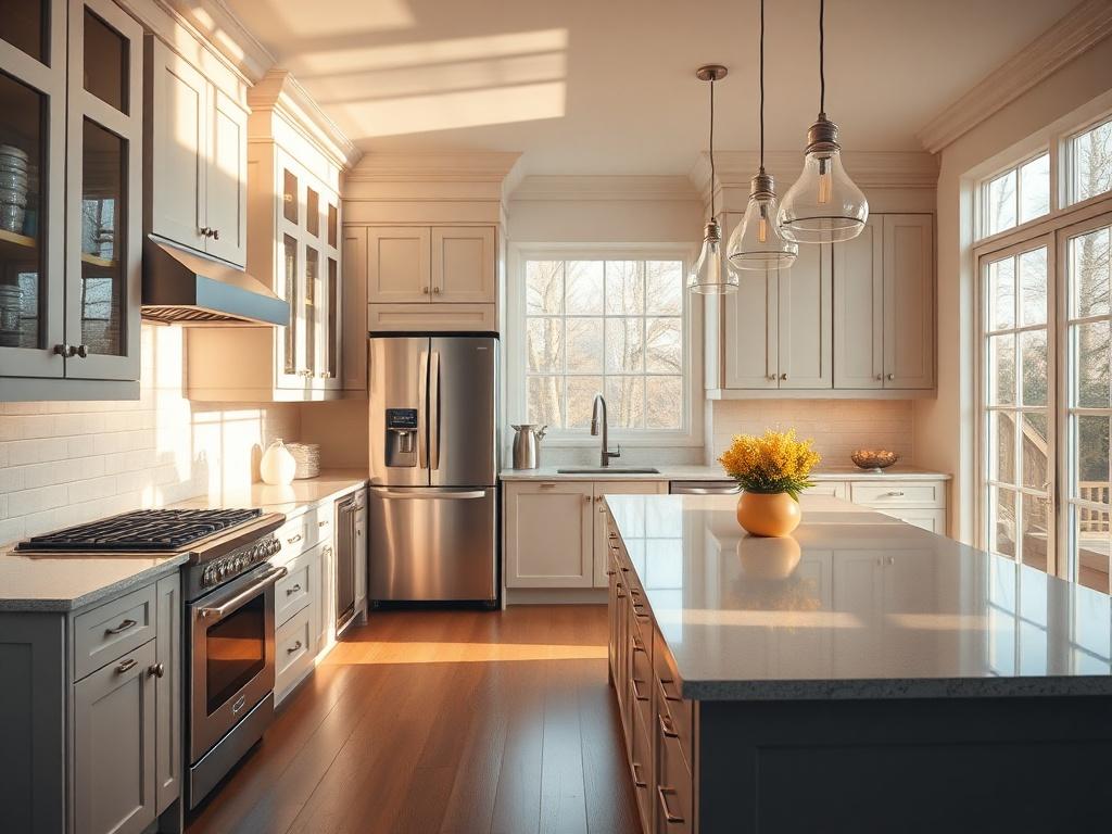 A vibrant interior scene showcasing a beautifully remodeled kitchen with modern appliances, elegant cabinetry, and a spacious island. The image should convey a warm and inviting atmosphere, with natural light streaming in through large windows. Attention should be given to the stylish design elements, emphasizing the transformation from an outdated space to a contemporary kitchen.