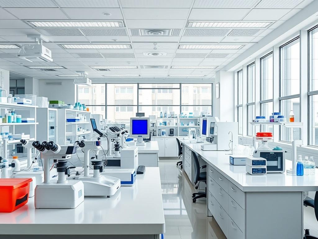 Create a realistic high-resolution photo of a modern laboratory space, featuring sleek workstations and advanced scientific equipment. The focus should be on a single bright, well-organized lab bench with high-tech instruments and neatly arranged lab supplies. The background should be a clean, open laboratory with large windows allowing natural light to illuminate the space, emphasizing a professional and innovative atmosphere. The color scheme should align with rgb(226, 1, 1) for accents.