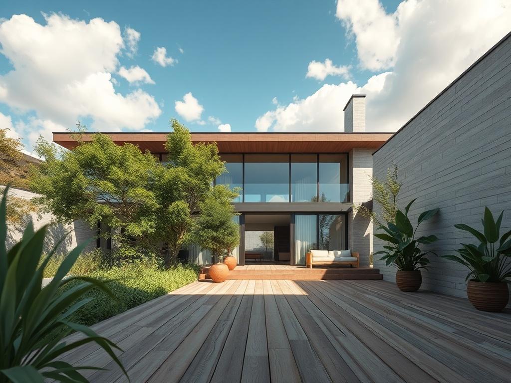 **Prompt for AI Image Generation:**

Create a realistic high-resolution photograph that embodies the theme of "Longevity by Design: An Architect’s Lens on Sun, Air, and Materials." The composition should feature a single, striking subject: a beautifully designed, modern residential home that seamlessly integrates large windows to emphasize natural sunlight. The house should be surrounded by lush greenery, symbolizing a connection to nature and enhanced air quality.

In the foreground, include a sunlit patio