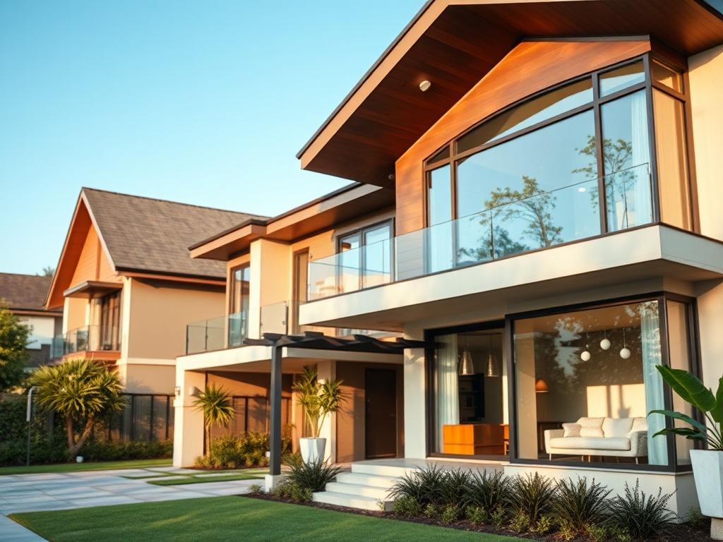 A hyper-realistic close-up shot of a beautifully designed modern residential home, showcasing elegant architectural features such as large windows and a unique roofline. The background should be a serene residential neighborhood, with lush greenery and a clear blue sky. The image should capture the essence of luxury and comfort, emphasizing the attention to detail in the design.