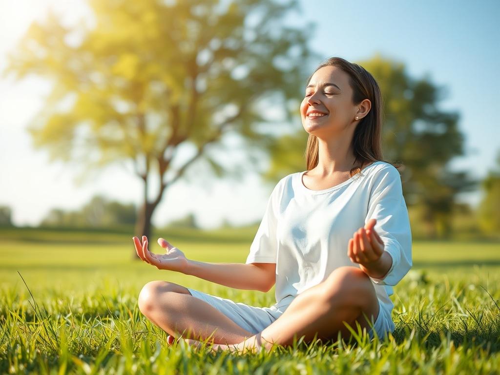 A close-up shot of a serene person meditating outdoors, surrounded by nature. The subject is sitting cross-legged on a grassy field, eyes closed, with a gentle smile, embodying peace and tranquility. The background features soft green trees and a clear blue sky, creating a calming atmosphere. The image should capture the essence of spiritual growth and self-discovery, emphasizing the connection between the individual and nature.