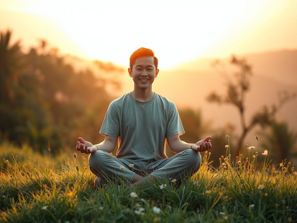 Create a highly detailed, realistic high-resolution photo reflecting the theme "Embracing Your Spiritual Journey." The composition should be simple and clear, featuring a single subject: a serene individual sitting cross-legged on a hillside at sunrise. The person, of Asian descent, should appear calm and contemplative, with a gentle smile that radiates peace and fulfillment. Surrounding the individual should be lush green grass and wildflowers, with soft, warm sunlight filtering through the trees in the ba