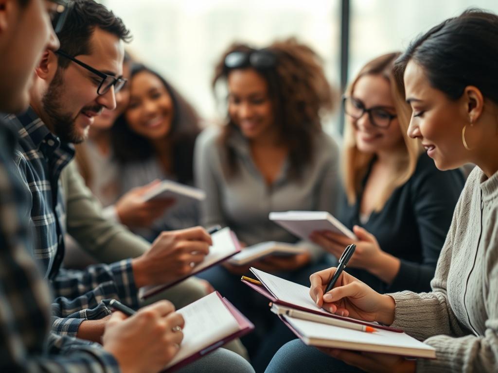 An inspiring close-up of a group of individuals engaged in a purpose discovery session, with notebooks and pens in hand. The background reflects a calm and serene environment, emphasizing personal exploration and the excitement of uncovering one's purpose.