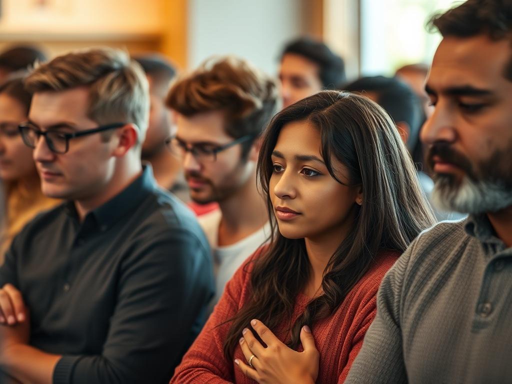 A close-up shot of a diverse group of people in a workshop setting, engaged in discussion and prayer, with warm lighting creating an inviting atmosphere. The focus is on the participants' expressions of contemplation and connection, conveying a sense of spiritual growth and community.
