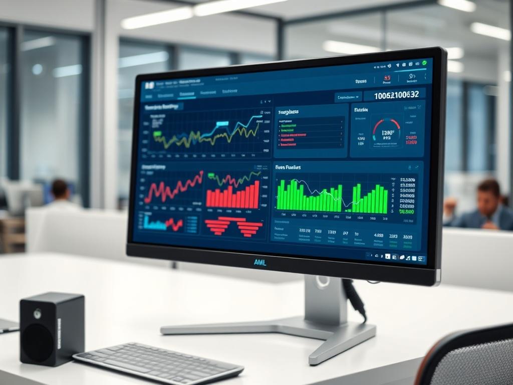 A close-up shot of a computer screen displaying an AML transaction monitoring dashboard. The screen shows graphs and alerts indicating suspicious activities, with a modern office background. The lighting is bright and professional, highlighting the technology involved in transaction monitoring.