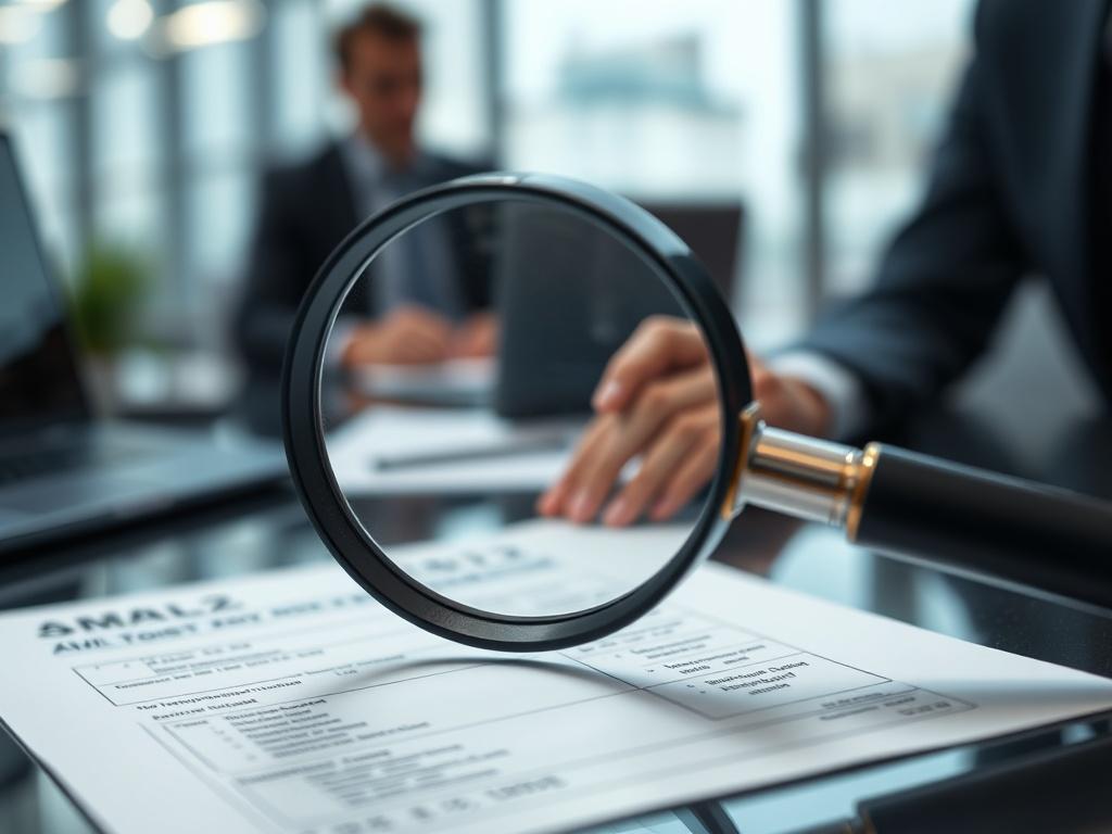 A detailed close-up of a magnifying glass over a document filled with transaction details, symbolizing thorough AML checks. The background should be a blurred office environment, suggesting professionalism and diligence. The image conveys a sense of scrutiny and careful examination.