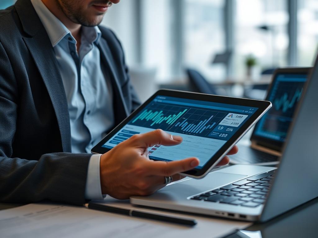 A close-up shot of a compliance officer analyzing AML data on a tablet. The scene captures the officer in a modern office setting, surrounded by documents and a laptop, showcasing the analytical aspects of AML solutions. The atmosphere is focused and professional, reflecting the importance of compliance.