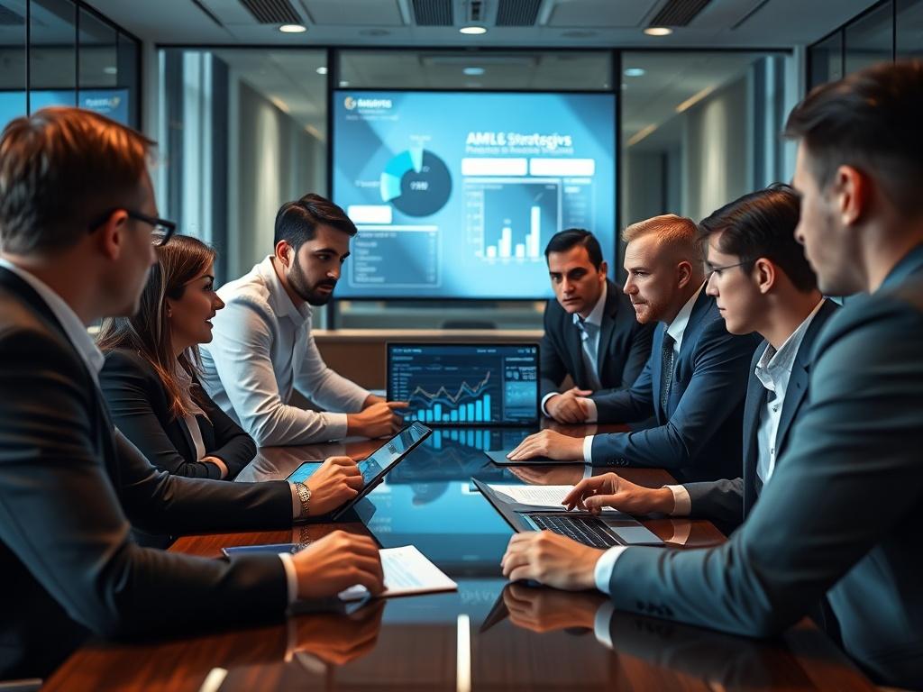 A close-up shot of a team meeting in a corporate boardroom, discussing AML strategies with digital devices displaying graphs and data. The environment is professional and collaborative, emphasizing teamwork in compliance efforts. Bright lighting enhances the focus on teamwork and innovation.