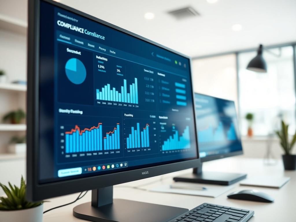 A high-resolution close-up of a computer screen displaying an organized compliance dashboard with visual graphs and data points. The background is a clean workspace with soft lighting, emphasizing clarity and efficiency. The image captures the essence of modern compliance management.