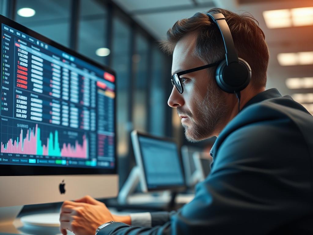 A close-up shot of a financial analyst reviewing transaction data on a computer screen. The analyst is focused and attentive, showcasing a professional environment. The background features a modern office setting with soft lighting that highlights the subject. The image should evoke a sense of security and diligence in monitoring financial transactions.