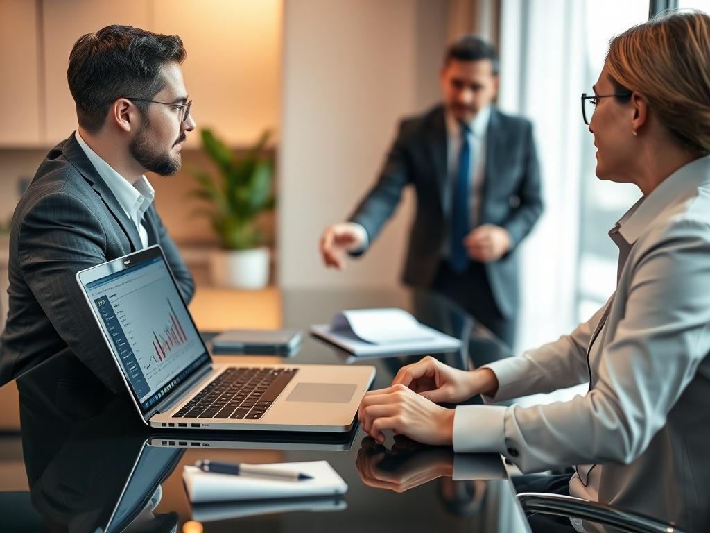 A close-up shot of a professional consultant discussing AML transaction monitoring solutions with a client. The setting is a modern office with a sleek desk, a laptop open displaying analytics, and a notepad with notes. The consultant is engaged, pointing at the screen while the client actively listens, showcasing a collaborative atmosphere. The background is softly blurred to keep focus on the interaction, with warm lighting creating an inviting environment. The primary color used in accents is rgb(50, 170