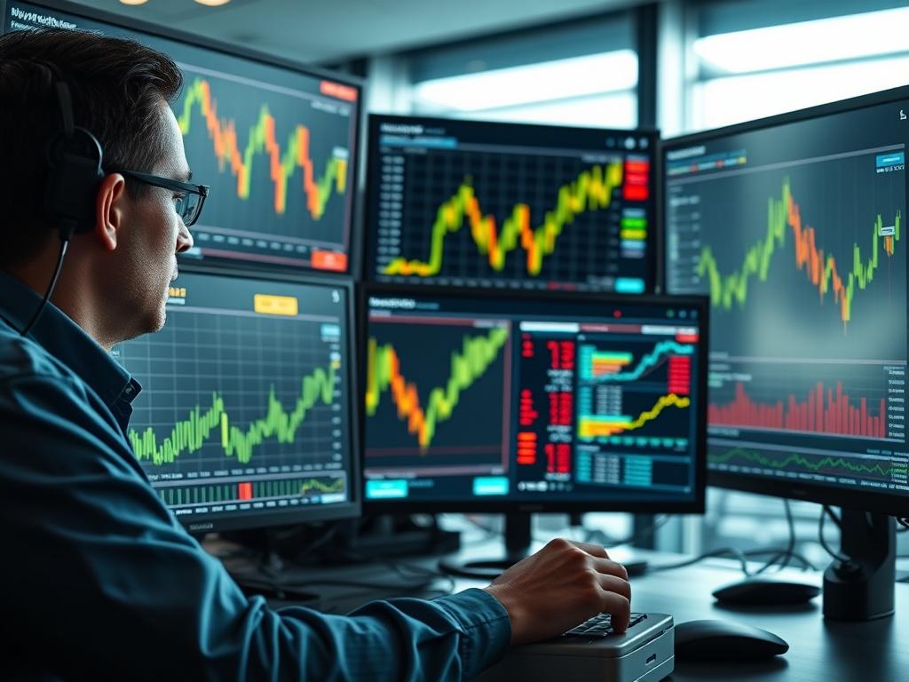 A hyper-realistic close-up shot of a financial analyst working on a computer, with multiple screens displaying real-time transaction data and alerts. The background should be a modern office setting with a focus on the screens' glowing graphs and data points, shot with a 45mm f/1.2 lens.