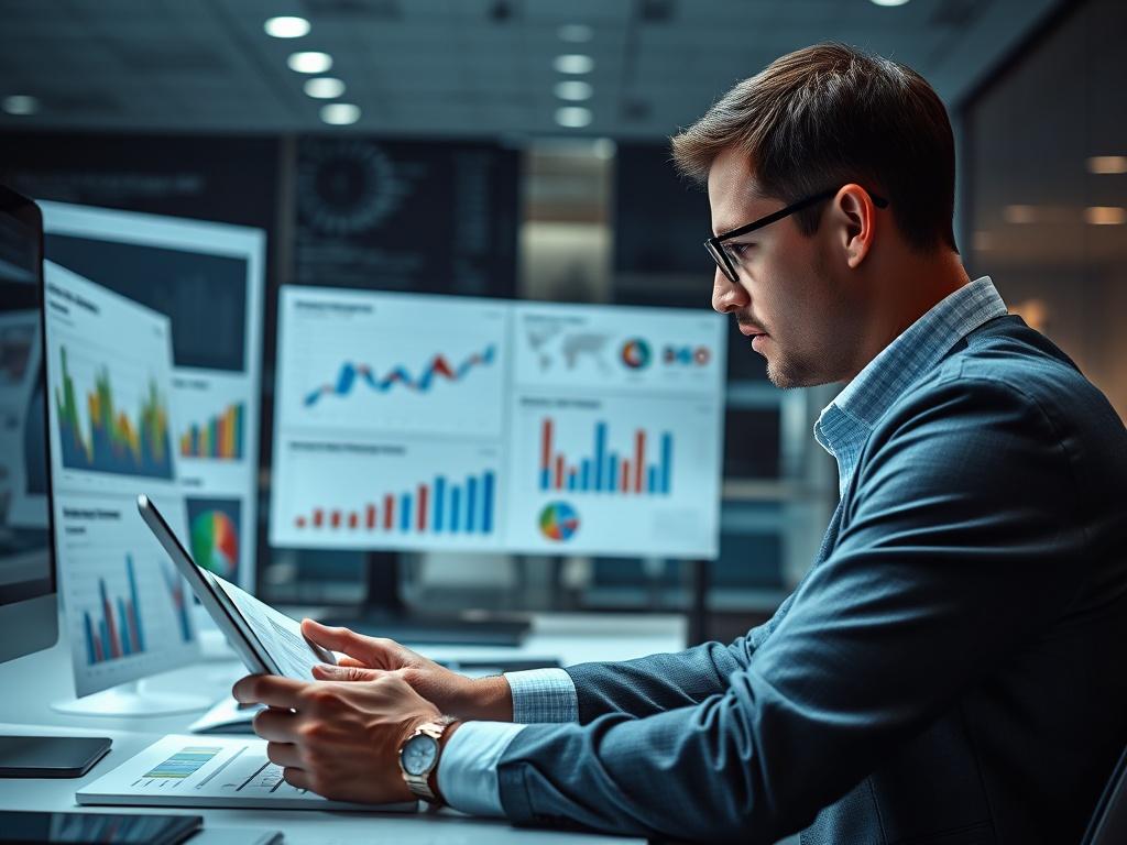 A hyper-realistic close-up shot of a risk analyst reviewing reports on a laptop, surrounded by charts and graphs depicting risk assessments. The office environment should be sleek and professional, with a focus on the analyst's engaged expression, shot with a 45mm f/1.2 lens.
