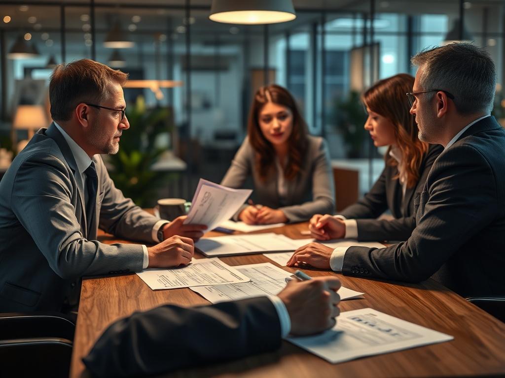 A hyper-realistic close-up shot of a compliance officer engaged in discussions with colleagues, with regulatory documents and compliance checklists visible on the table. The background should reflect a collaborative workspace with a professional atmosphere, shot with a 45mm f/1.2 lens.