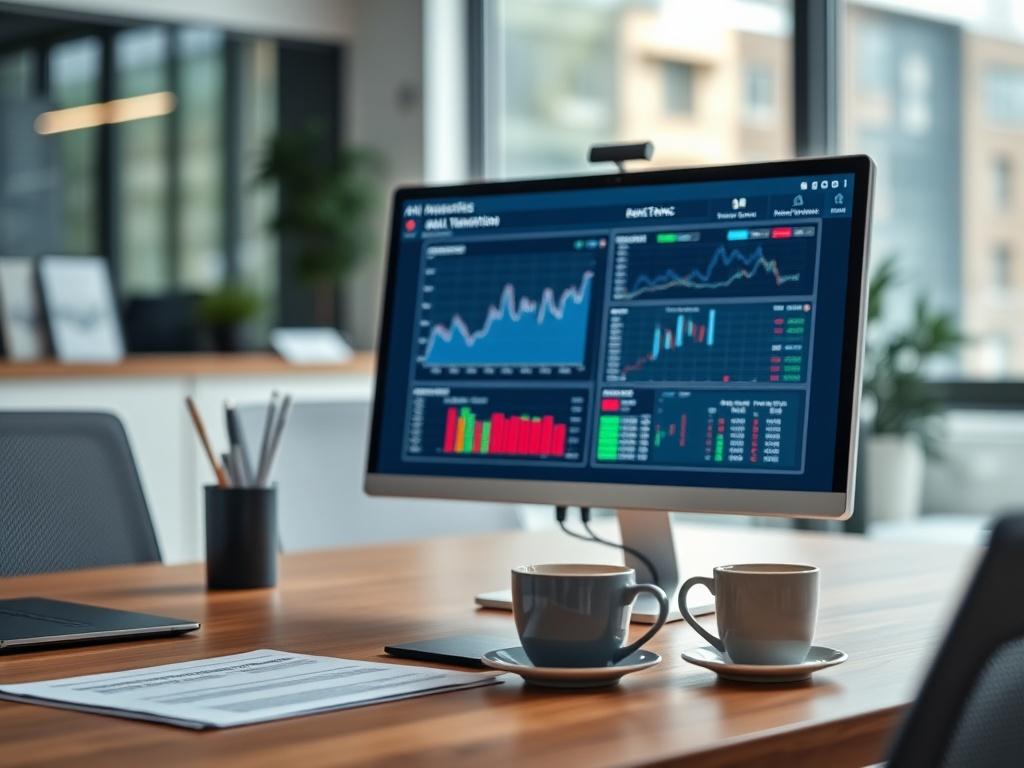 A realistic high-resolution close-up of a modern office workspace, showcasing a computer screen displaying AML transaction monitoring software. The focus is on the screen with graphs and alerts, with a blurred background of a neat desk with paperwork and a coffee cup. The color scheme primarily features rgb(50, 170, 39) for a professional yet inviting look.