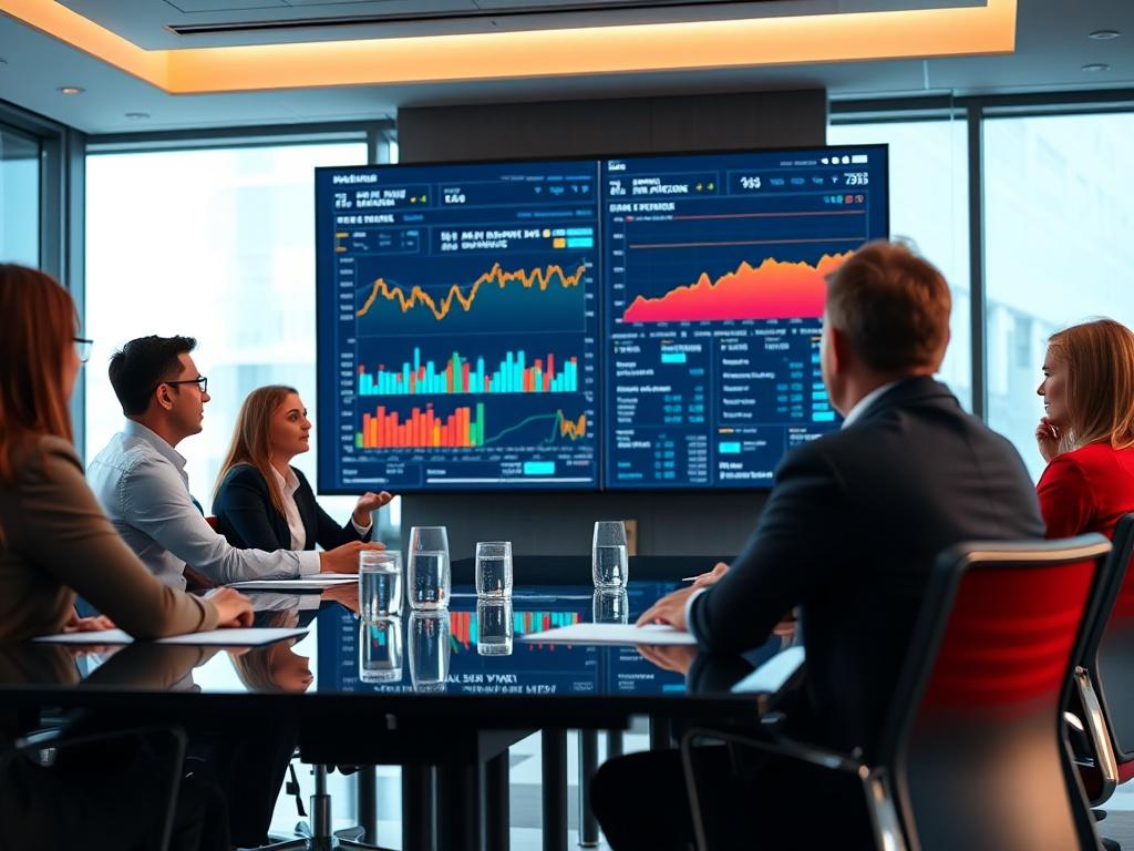 A realistic high-resolution close-up of a conference room where a team is discussing AML transaction monitoring strategies. The focus is on a large screen displaying real-time data analytics, with engaged professionals in the background. The setting is modern and sophisticated, enhanced by rgb(50, 170, 39) color accents to signify innovation and compliance.
