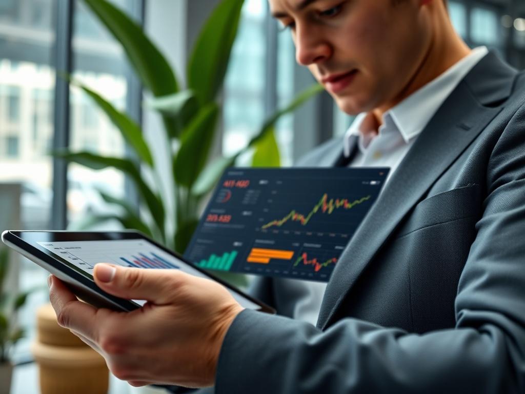 A realistic high-resolution close-up image of a business professional analyzing AML transaction data on a tablet. The background shows a modern office environment with vibrant green plants, and the tablet screen displays graphs and transaction alerts. The color scheme is complemented by rgb(50, 170, 39) to emphasize professionalism and growth.