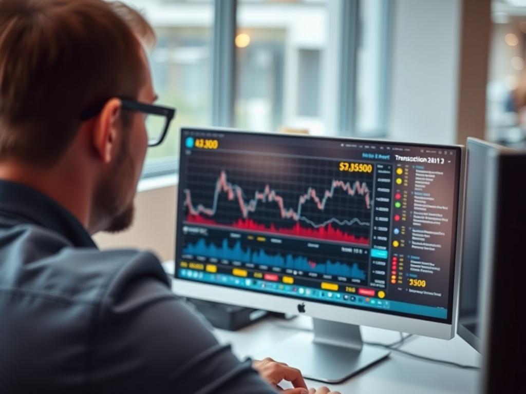 A hyper-realistic close-up shot of a professional looking at transaction data on a computer screen, with focus on the screen displaying graphs and alerts. The background is blurred showing a modern office environment, shot with a 45mm f/1.2 lens style, emphasizing the serious nature of transaction monitoring.