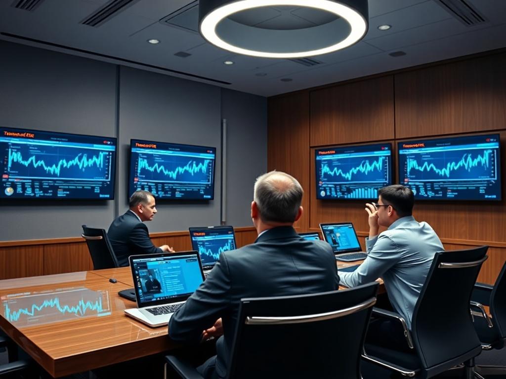 A hyper-realistic close-up shot of a team meeting in a boardroom, with multiple screens displaying transaction data and risk analytics. The environment is professional and modern, captured with a 45mm f/1.2 lens style, illustrating the seriousness of enterprise-level transaction monitoring.
