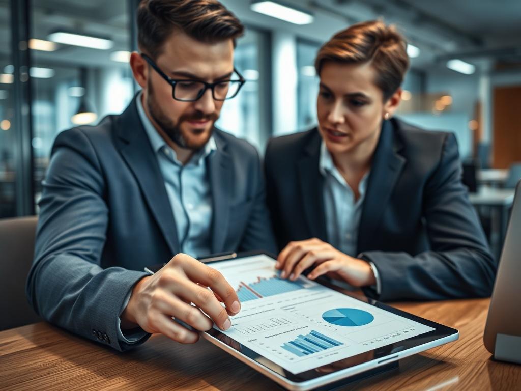 A hyper-realistic close-up shot of a business professional discussing transaction reports with a colleague, with graphs and charts on a tablet in the foreground. The background captures a contemporary office space, shot with a 45mm f/1.2 lens style, highlighting teamwork in transaction monitoring.