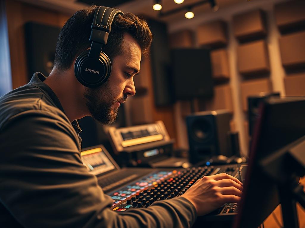 A close up shot of a professional music producer in