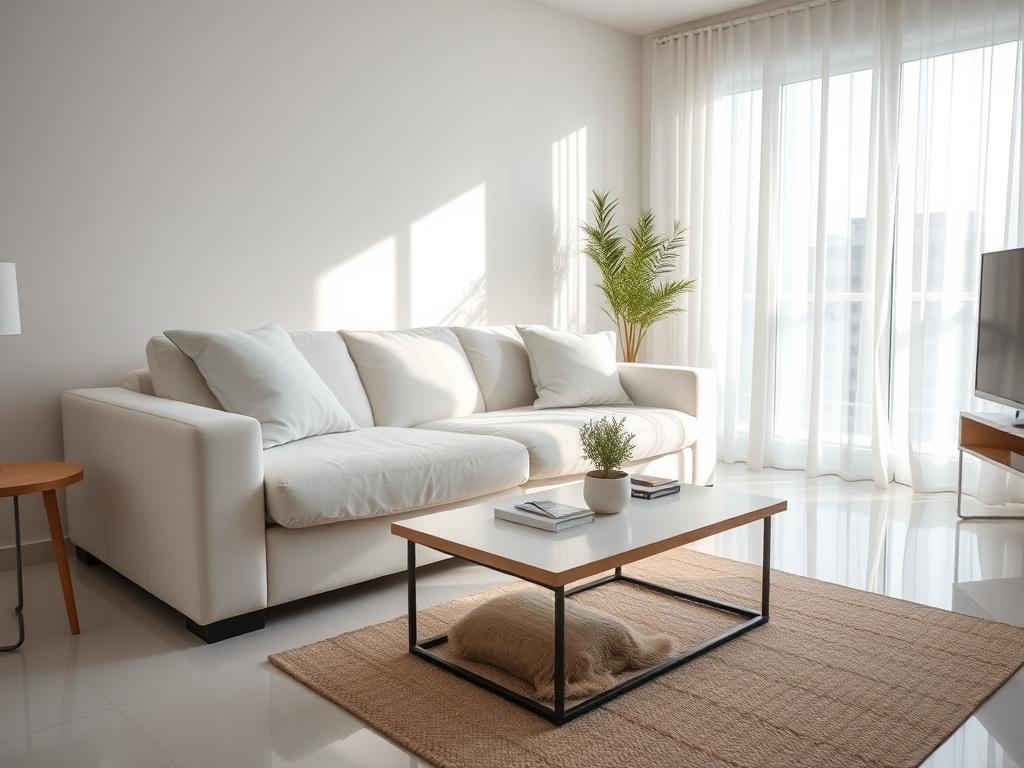 A clean, bright Airbnb living room with fresh linens on