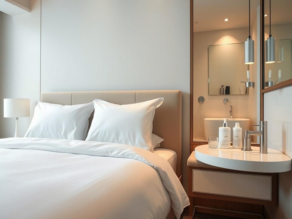 A pristine hotel room showcasing a neatly made bed with