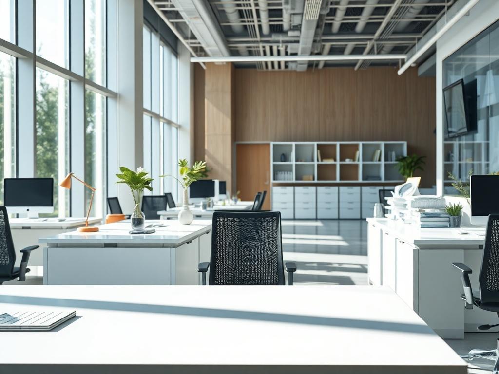 A sparkling clean office space featuring modern desks, tidy workstations,