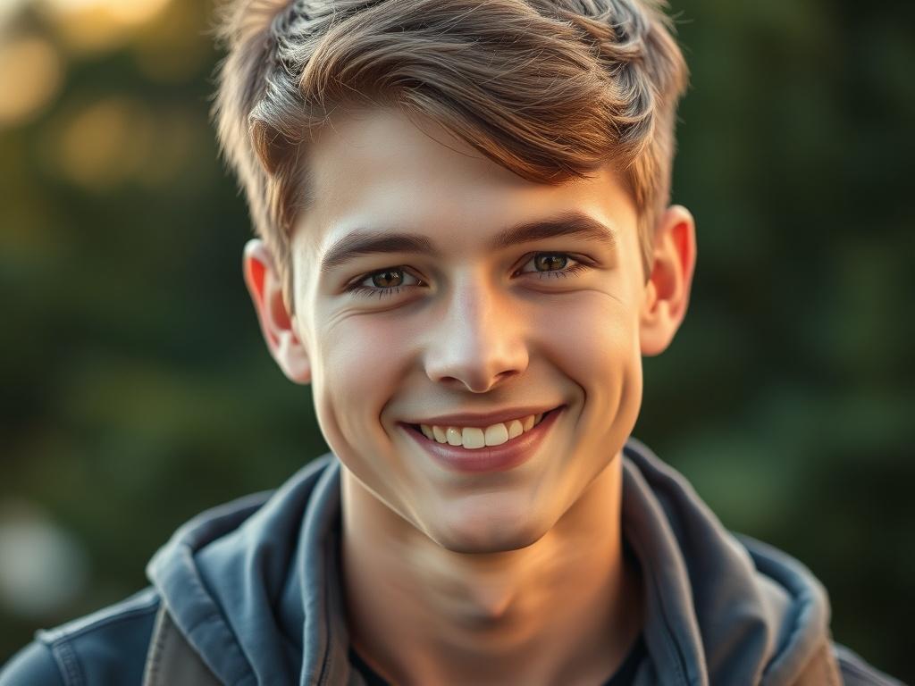 A close-up shot of a teenage man with a friendly smile, showcasing a confident and approachable demeanor. He has short, neatly styled hair and is wearing a casual yet stylish outfit. The background is softly blurred to keep the focus on him, with a hint of green to complement the primary color rgb(50, 170, 39). The lighting is warm and inviting, highlighting his youthful features in a hyper-realistic style.