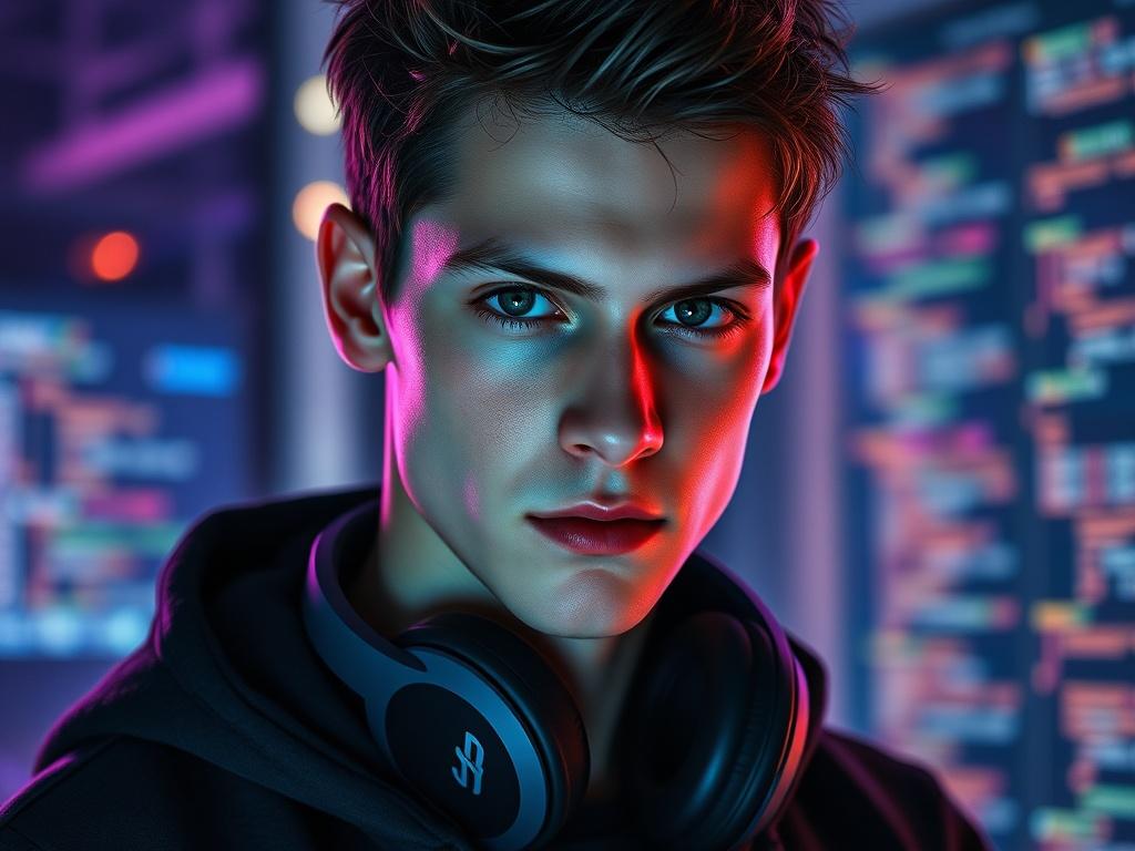 A beautiful teenage man with a modern and stylish hacker look. He has an intense yet approachable expression, with short, slightly tousled hair. He is wearing a sleek black hoodie and headphones around his neck, immersed in a digital environment that subtly suggests coding and technology, like glowing screens in the background. The focus is sharp on his face, capturing his youthful energy and confidence, while the background remains slightly blurred to emphasize him. The color scheme includes the primary co