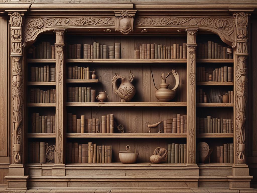 rustic carved bookshelf, wood decor, handcrafted
