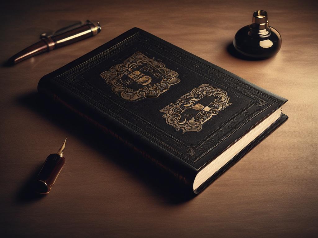 An elegant black leather book resting on a polished mahogany desk, illuminated by a single overhead light. The book's cover is embossed with gold lettering, and the atmosphere around it is sophisticated, with shadows creating an air of mystery and allure.