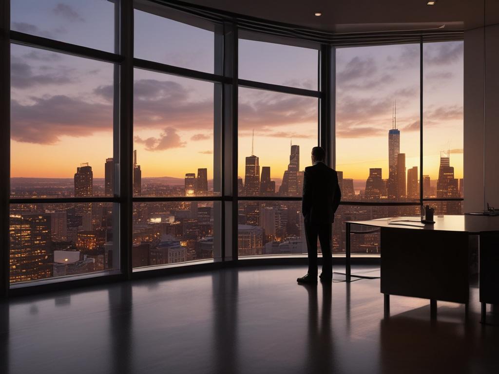 A determined executive gazes out of a sleek office window, contemplating their next move. The view showcases a city skyline at dusk, with warm light spilling into the room, creating a reflective and inspiring atmosphere that embodies ambition and success.