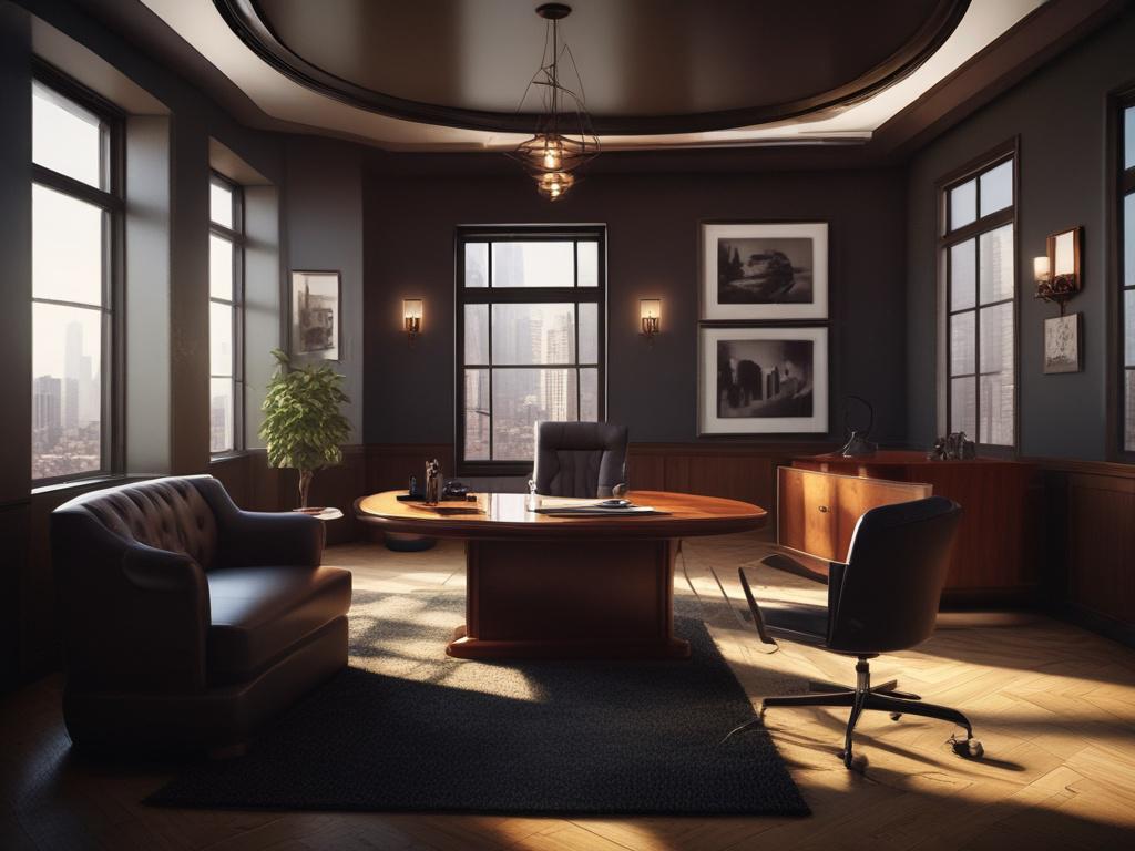 A sophisticated executive in a tailored suit, confidently discussing strategy in a dimly lit luxury office with rich wooden accents. The background should reflect a high-end atmosphere, with deep shadows and dramatic lighting highlighting the subject's charisma and authority.